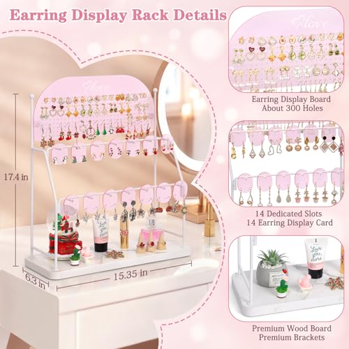 Keebofly Pink Acrylic Earring Organizer Stand with 300 Holes & 14 Hooks