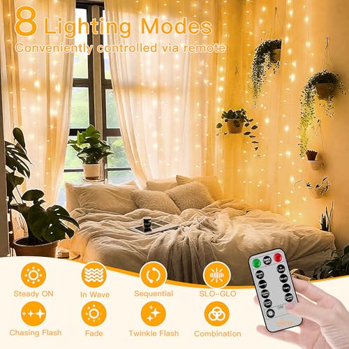 Curtain Lights 6.6x6.6ft, 200 LED String Lights with Remote Control, Warm White - 1 Pack
