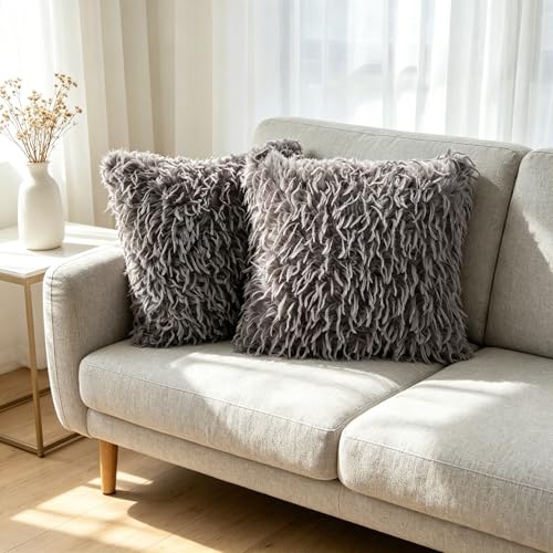 OYIMUA Faux Feather Throw Pillow Covers, 16x16 Grey-Brown Set of 2
