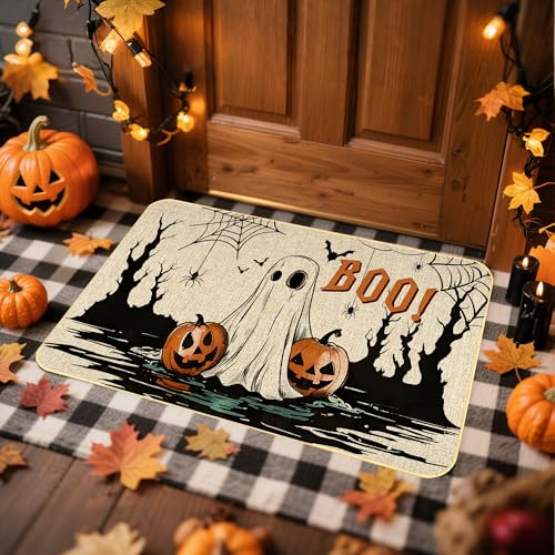 Halloween Doormat with Pumpkins & Ghosts - Non-Slip Rubber Backing, 17x29 Inch