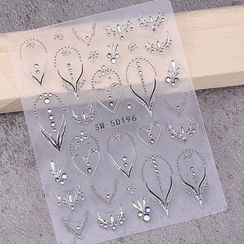 Guroenky 5D Embossed Rhinestone Nail Stickers, Silver Heart French Tip Decals