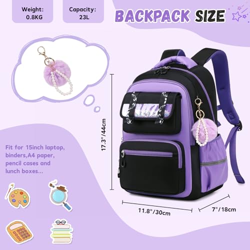 Kawaii Purple Backpack for Girls, Stylish School Bag Ages 6-15