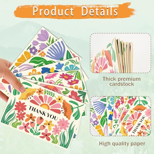 Flower Thank You Cards Bulk with Envelopes & Stickers - 24pcs Set