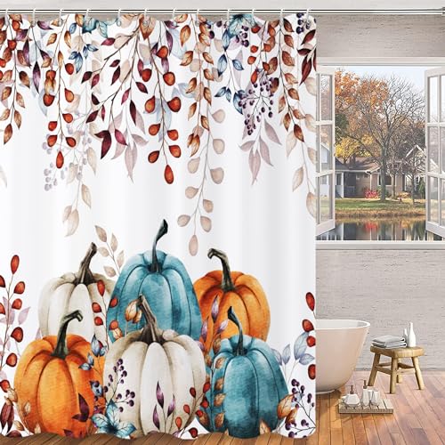 Fall Shower Curtain with Watercolor Pumpkins & Leaves - 72" x 72"