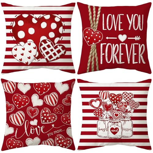 Valentine's Day Throw Pillow Covers Set of 4 - 18x18 Inch Red Love Heart Decor