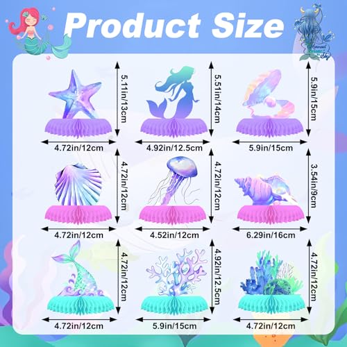 9 PCS Mermaid Honeycomb Centerpieces for Birthday Party Decorations