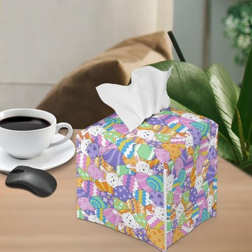 Colorful Eggs Bunny Tissue Box Cover - PU Leather Square Holder