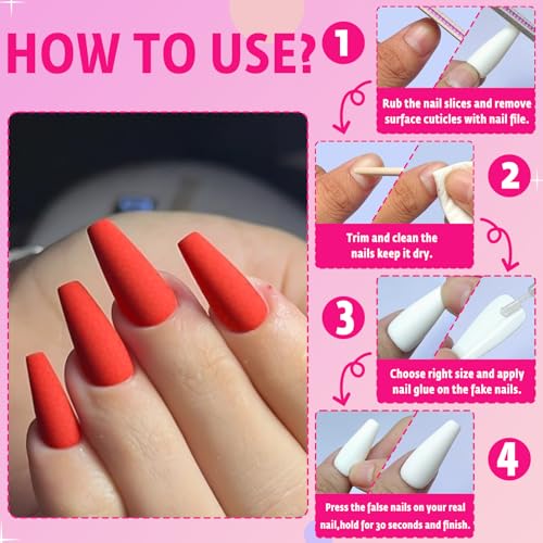 AddFavor 120pcs Matte Red Long Coffin Press on Nails with Glue