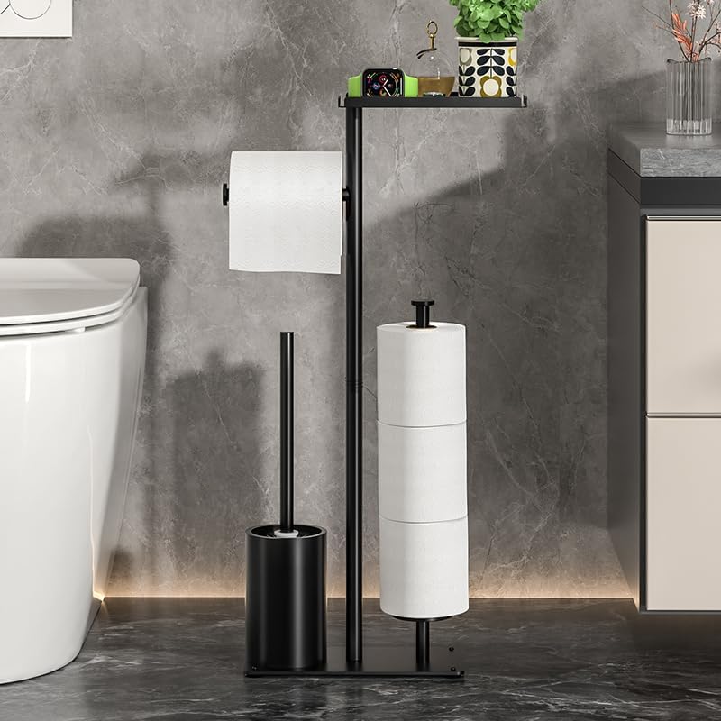 Skiennix Modern Bathroom Toilet Paper Stand - Stylish Black Metal Holder with Storage Shelf for 3 Mega Rolls | 24x12x60 Inches
