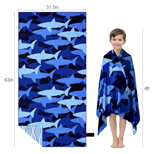Large Shark Beach Towel for Kids - Quick Dry Terry Cloth, 63"x31"
