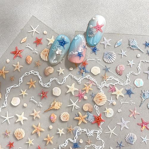 5D Embossed Starfish Seashell Nail Stickers - Summer Ocean Self-Adhesive Decals (2 Sheets)
