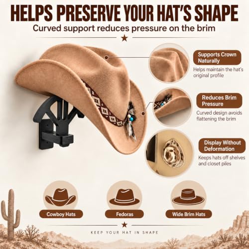 Wall-Mounted Cowboy Hat Rack with Adjustable Supports - Wooden Western Hat Holder