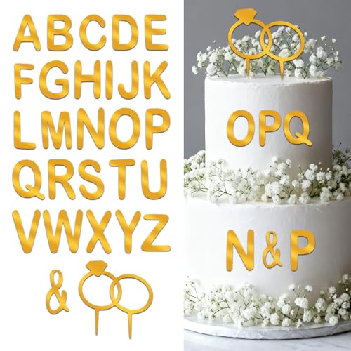 Gold Wedding Cake Topper Set with Acrylic Letters & Diamond Ring
