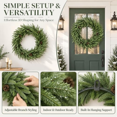 NicBex 24-Inch Green Christmas Wreath with Pine Cones - Front Door Decor