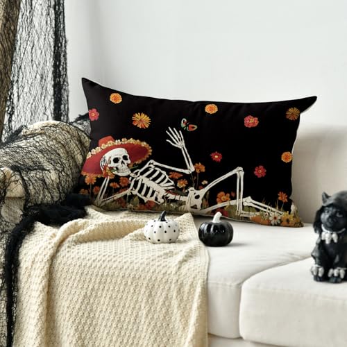 Dia De Los Muertos Skeleton Marigold Throw Pillow Cover - 12x20