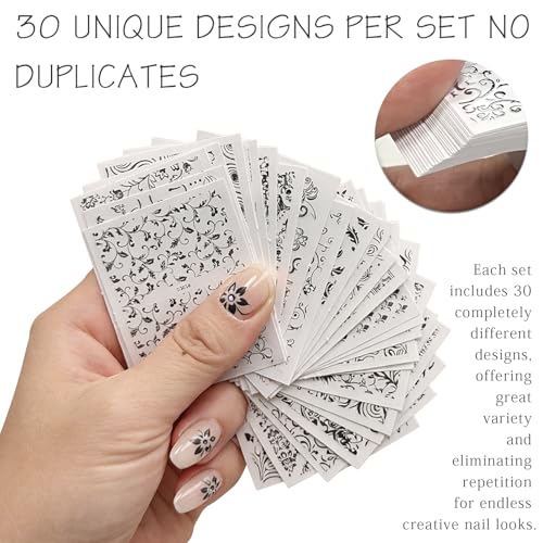 Silver Lace Floral Nail Stickers Set - 30 Self-Adhesive Flower Decals