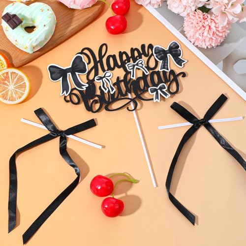 7 Black Bow Cake Toppers with Happy Birthday Insert for Parties