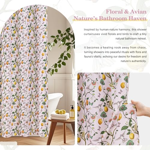 Fammio Pink Floral Hummingbird Shower Curtain, 72x72 Botanical Bath Decor