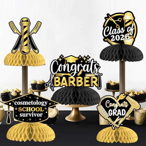 Barber Graduation Honeycomb Centerpieces - 8pcs Black Gold Decor