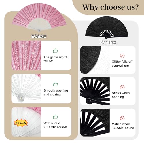 EOSAU 9-Inch Pink Glitter Folding Hand Fan - Women’s Clacking Rave Fan