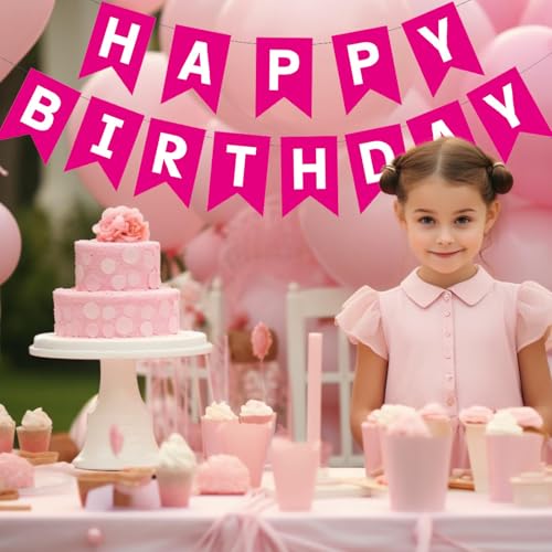 Happy Birthday Banner - Rose Pink with White Letters for Party Decor