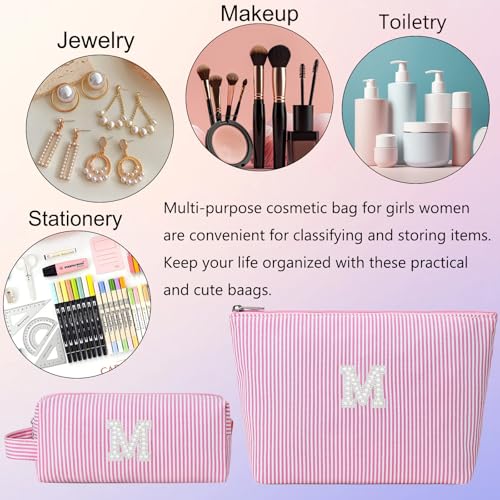 Initial Makeup Bag Personalized Striped Cosmetic Toiletry Pouch Pink M