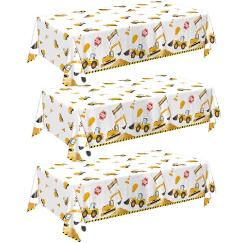 Construction Tablecloths Pack - 3 Plastic Table Covers for Birthday Party Decorations, 54 x 108 Inches