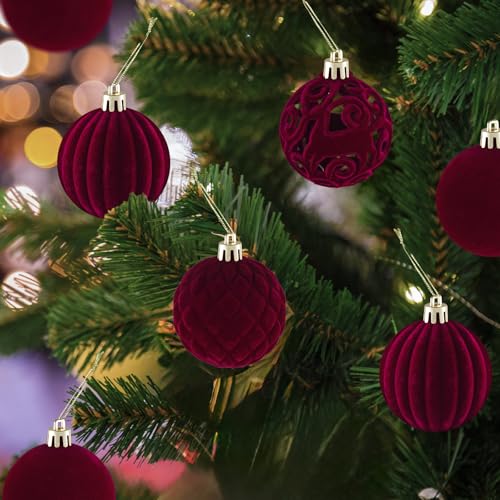 40PCS Velvet Christmas Ornaments Set - Burgundy Holiday Tree Decorations