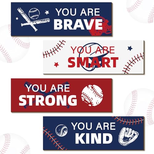 Baseball Room Decor Set - 4 Wooden Motivational Signs for Boys