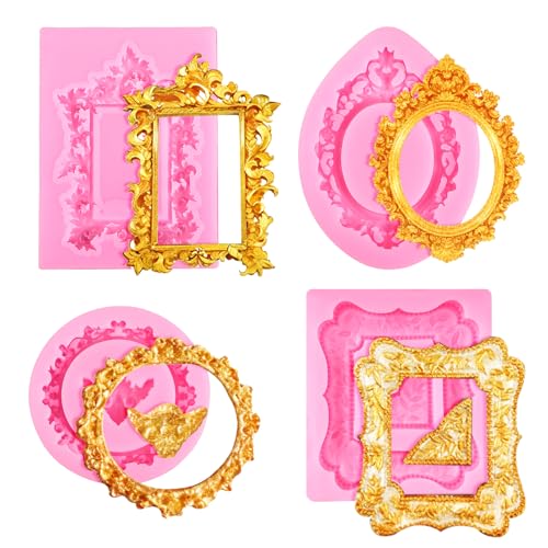 JJUNW 4 Pcs Baroque Photo Frame Silicone Molds for Cake Decoration