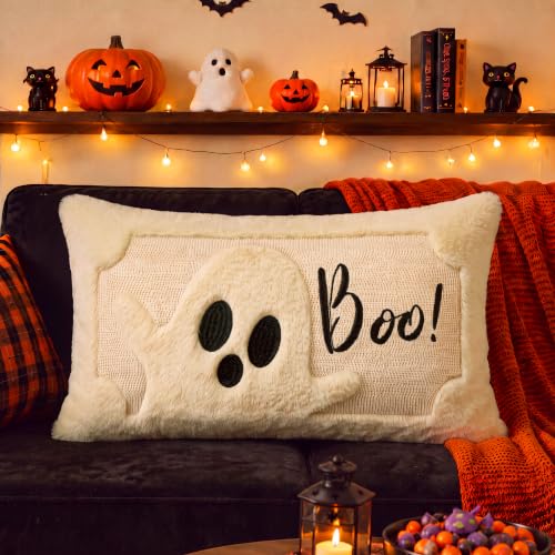Vintage Halloween Ghost Faux Rabbit Fur Lumbar Pillow Cover 12x20