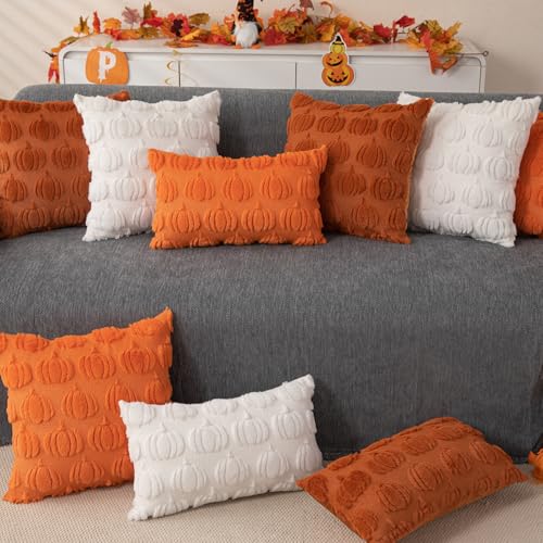 Fall Pillow Covers Set of 2 | 18x18 Rust Pumpkin Plush Cases