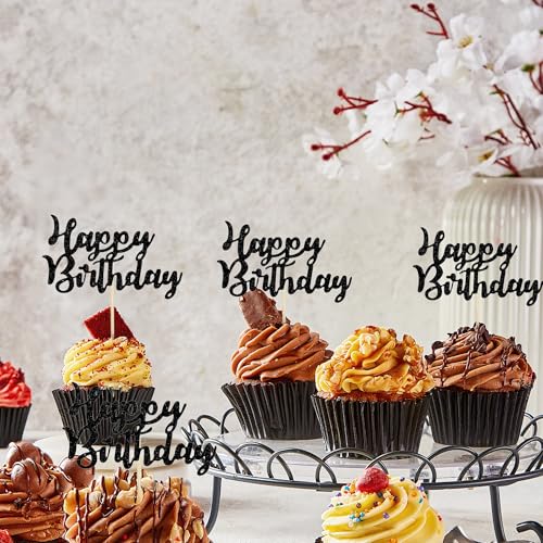 Happy Birthday Cupcake Toppers - 12 Pcs Black Glitter Decor