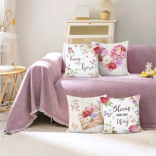 Bonhause Spring Floral Throw Pillow Covers - Set of 4, 18x18 Inch