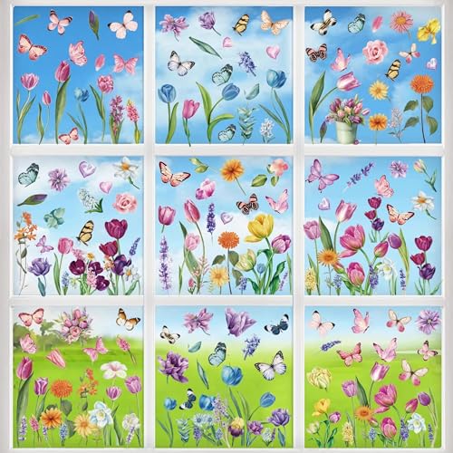 i-Beeboo Spring Flower Window Clings Removable Floral Decals for Home