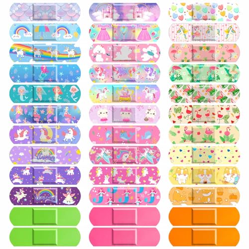 33 Styles Kids Cartoon Bandages 300 Pcs Adhesive Flexible Unicorn Bandages Cartoon Bandaids Variety Pack Waterproof Breathable Protect Scrapes and Cuts for Girls Boys Children Toddlers(Cute)