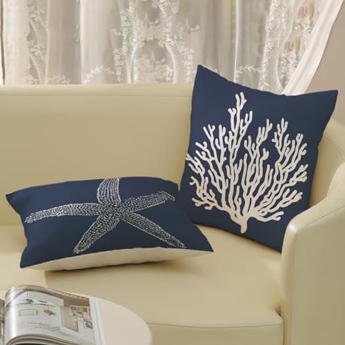Navy Blue Starfish Coral Pillow Covers 20x20 Inch (Pack of 2) - Summer Decor