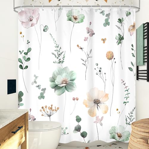 Watercolor Floral Shower Curtain - Sage Green & Beige, 72"W x 72"L