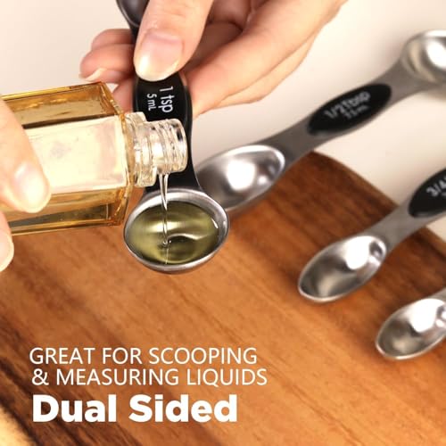 ChefAide Black Magnetic Measuring Spoons Set, Dual Sided Stainless Steel