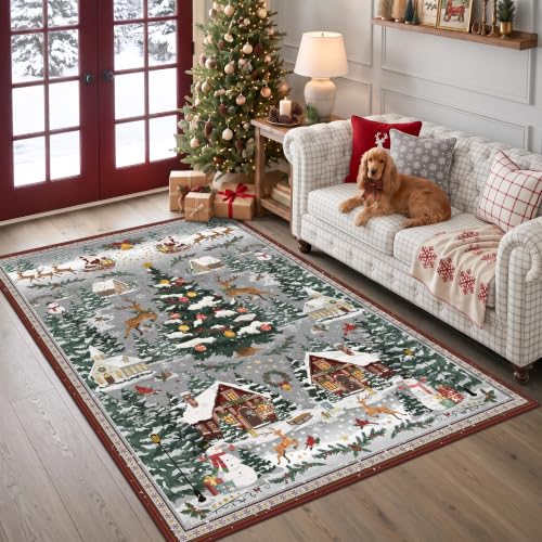 Grey Christmas Area Rug 5x7 ft Non-Slip Village Scene Living Room Decor