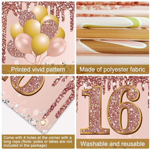 Excelloon Sweet 16 Birthday Banner - Pink Rose Gold Party Decoration
