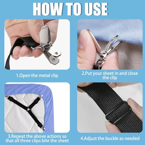 Adjustable Bed Sheet Holder Straps - 8 Pcs Non-Slip Fitted Sheet Clips