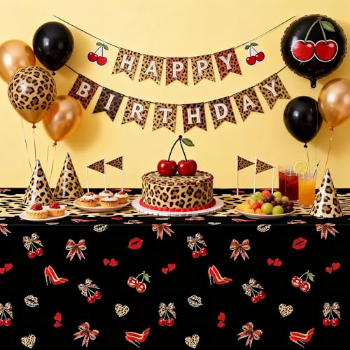 Cheetah Print Cherry Birthday Tablecloths - 3 Pack, 86x55in