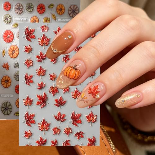 Fall Nail Stickers 5D Gold Foil Maple Leaf & Pumpkin Decals 4pcs