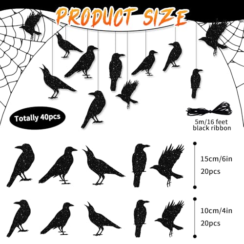 40pcs Glitter Black Crow Hanging Banners for Halloween Decor