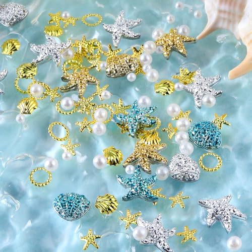 OSTTMA 100Pcs Summer Nail Charms 3D Seashell Starfish Pearls Rhinestones