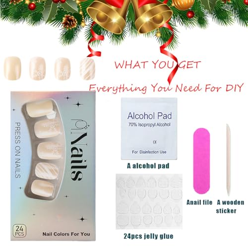 Christmas Short Square Press on Nails Winter Snowflake False Nails 24Pcs