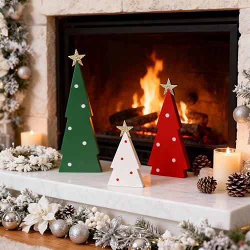 FINDRICH Green Indoor Christmas Tree Decorations Set - 3PCS Wooden Tabletop Holiday Centerpieces with Glitter Stars