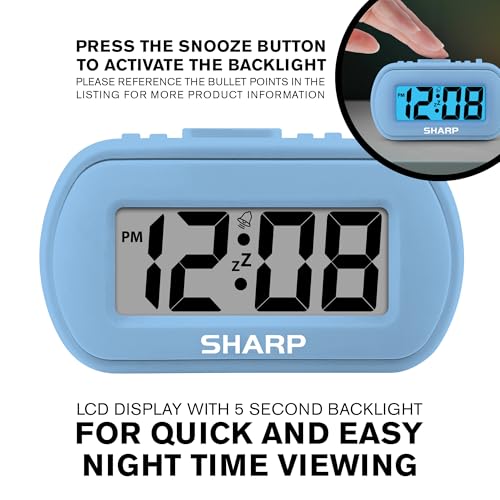 Sharp Battery Alarm Clock with Blue Backlight & Snooze Feature