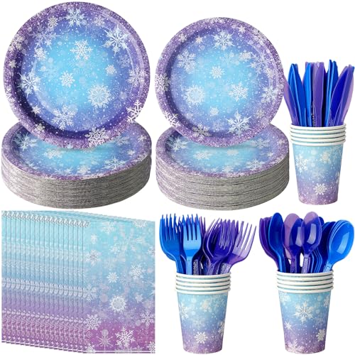 Winter Snowflake Paper Plates and Napkins Set - Blue and Purple, Serve 50